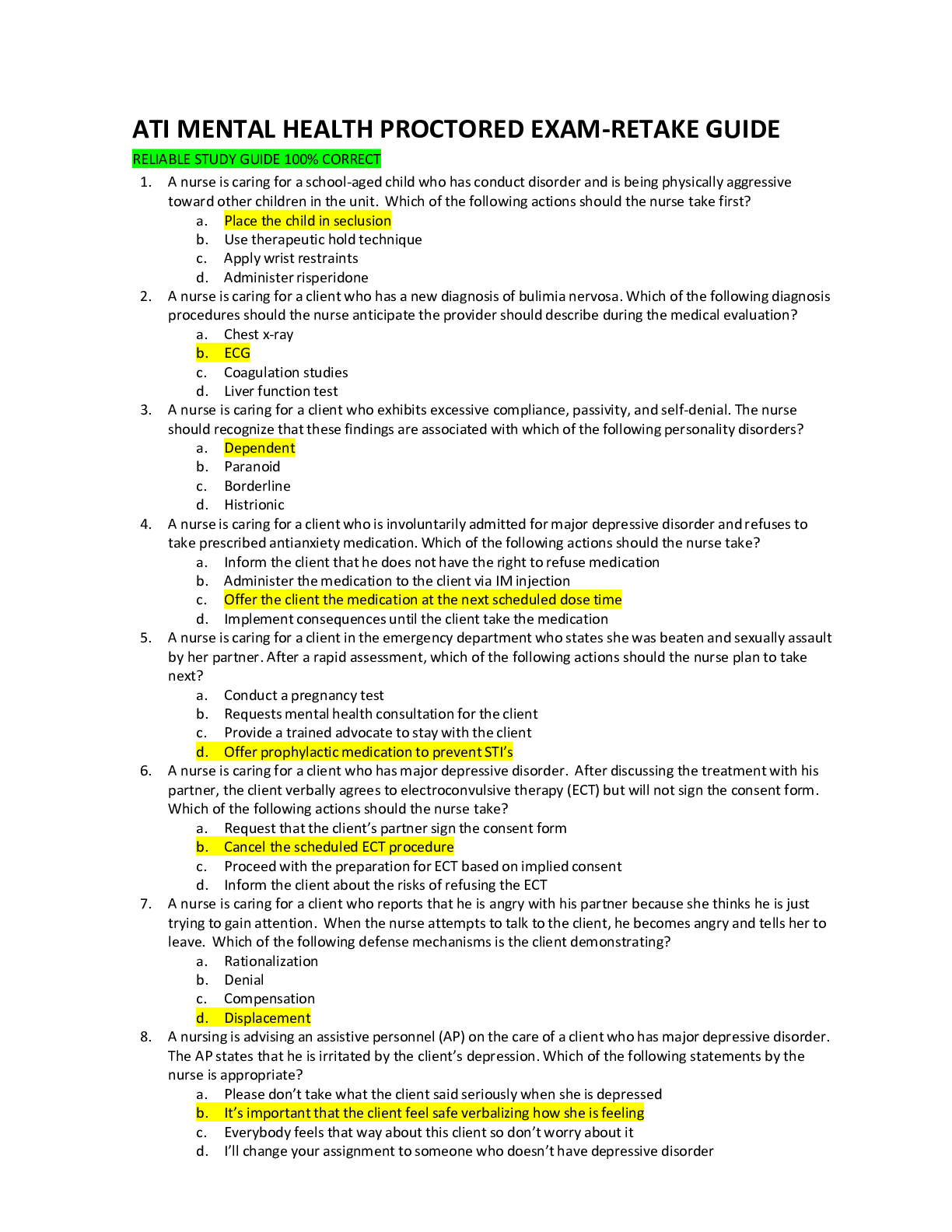 Preview image for ATI MENTAL HEALTH PROCTORED EXAM-RETAKE GUIDE RELIABLE STUDY GUIDE 100% CORRECT